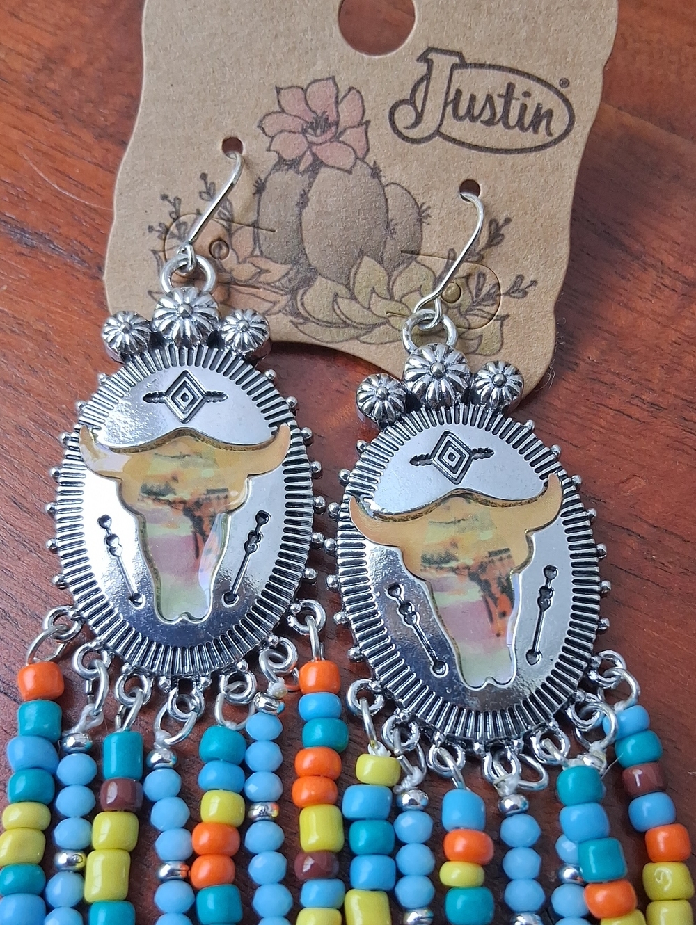 Justin Boots Turquoise, Orange, Yellow & Brown Beaded Long Fringe Earrings - Picture 2 of 6